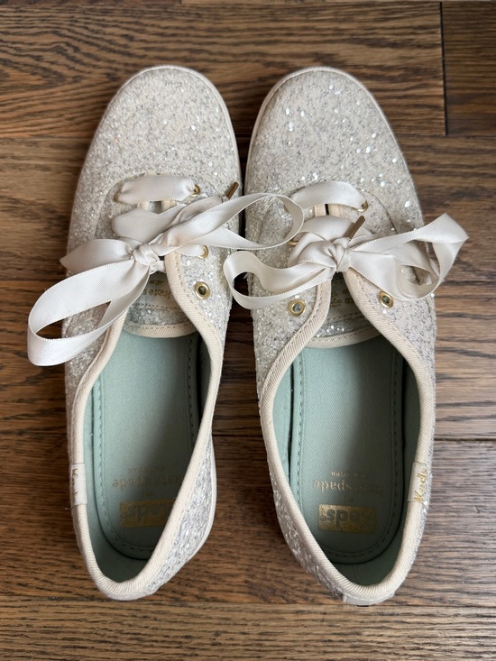 Keds X Kate Spade Shoes - Kate Spade x Keds White Glitter Sequin Sneakers with Satin Ribbon Laces Sz 7